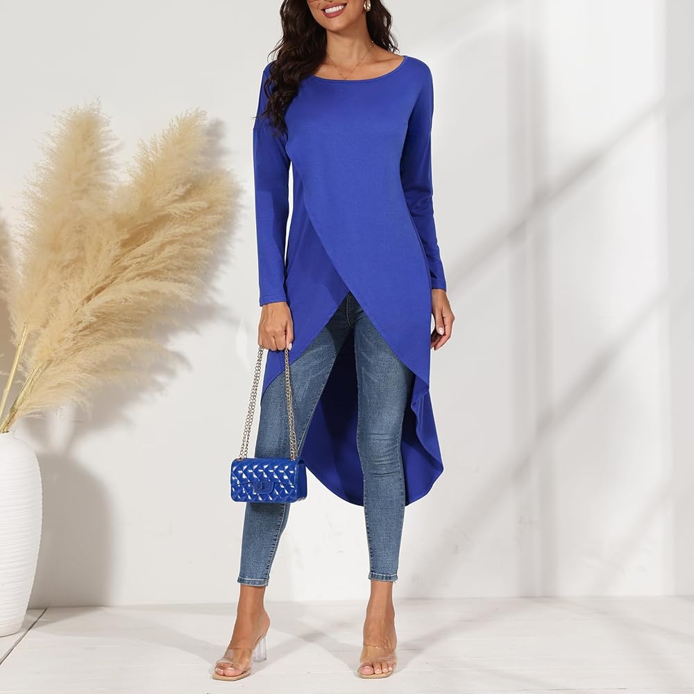 Women's Wrap Front Split Blouse Tops Long Sleeve High Low